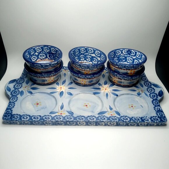 Temptation By Tara Old World Ovenware Serve Ware Set 6 Bowls & Serve Tray Blue - Picture 2 of 16